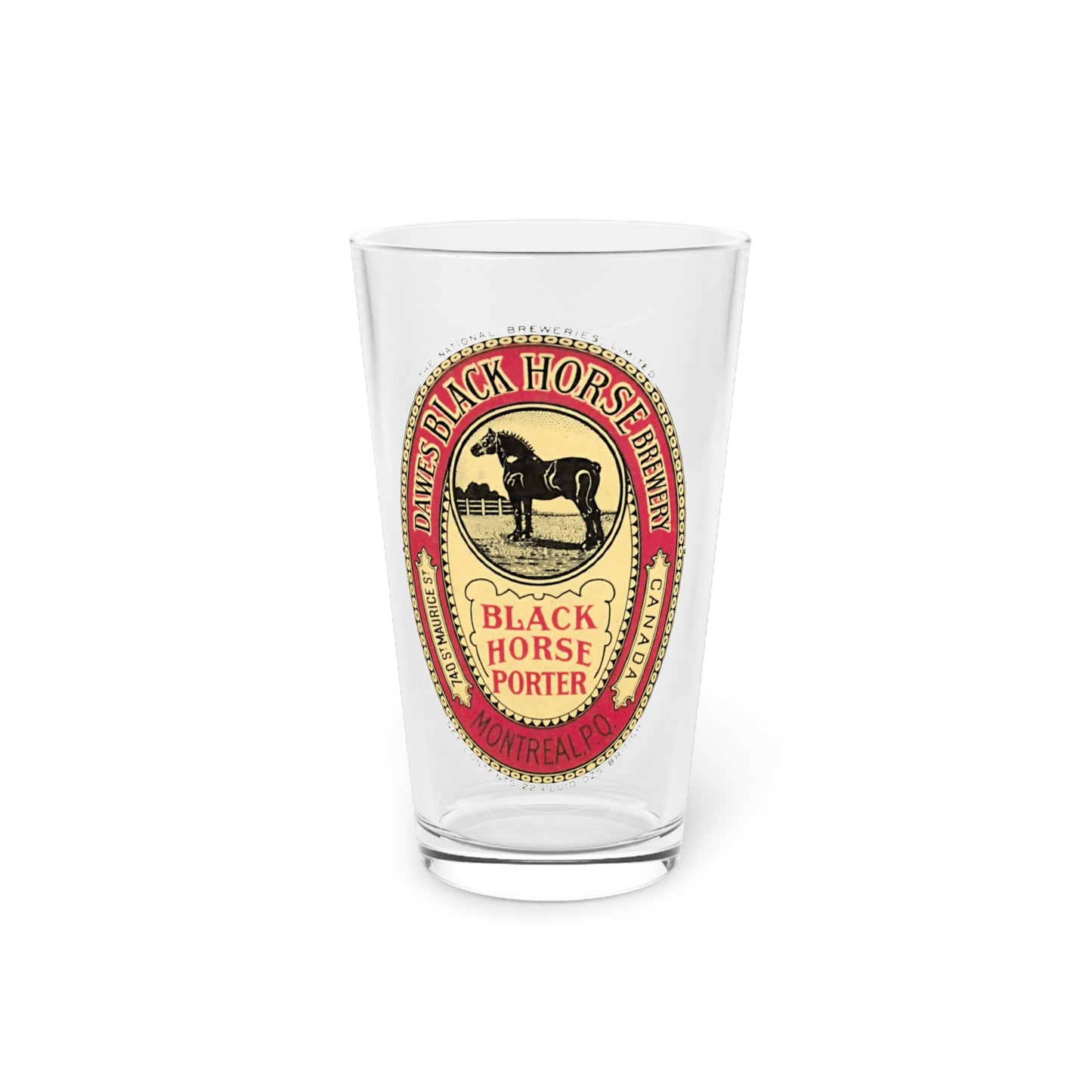 Black Horse Porter Beer Pint Glass, Historic Dawes Black Horse Brewery, Montreal Quebec Canada