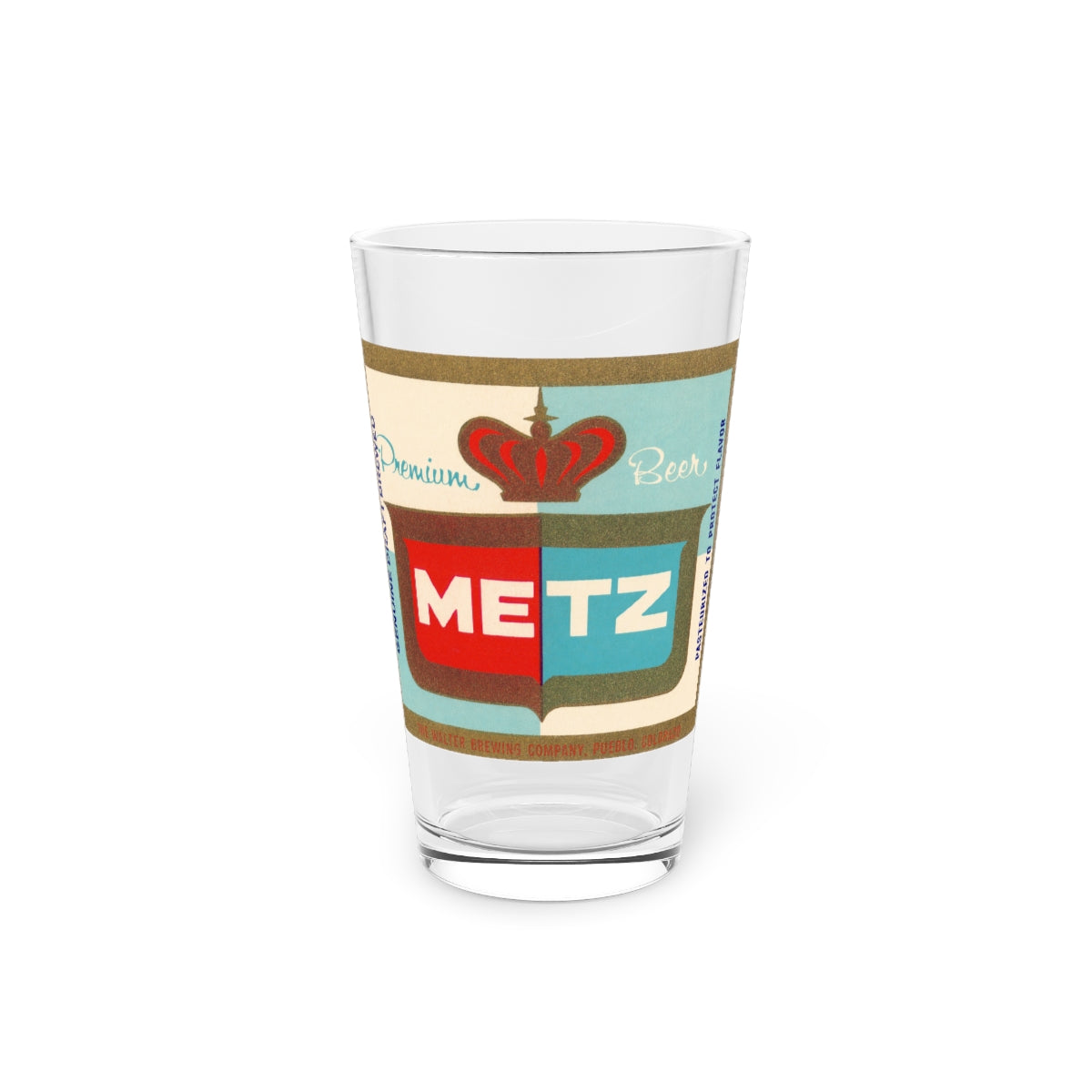 Metz Premium Pint Glass, Pueblo Colorado ~ Retro 1960s Label Drinking Glass