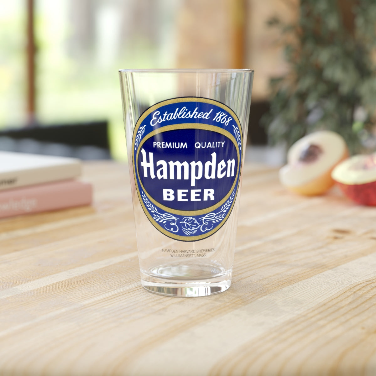 HAMPDEN BEER Pint Glass, Hampden-Harvard Breweries, Willimansett MA ~ Retro Beer Label