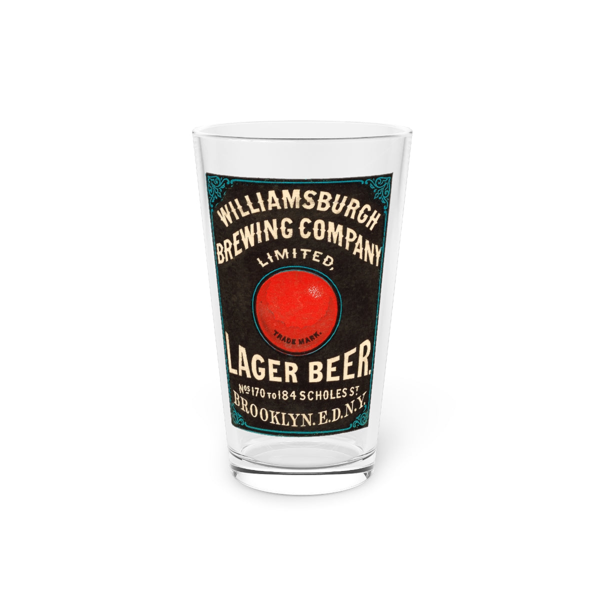 Williamsburgh Lager Beer, 1875, Brooklyn NY 16oz Pint Glass