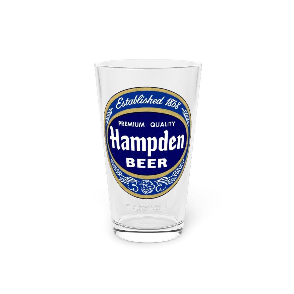 HAMPDEN BEER Pint Glass, Hampden-Harvard Breweries, Willimansett MA ~ Retro Beer Label