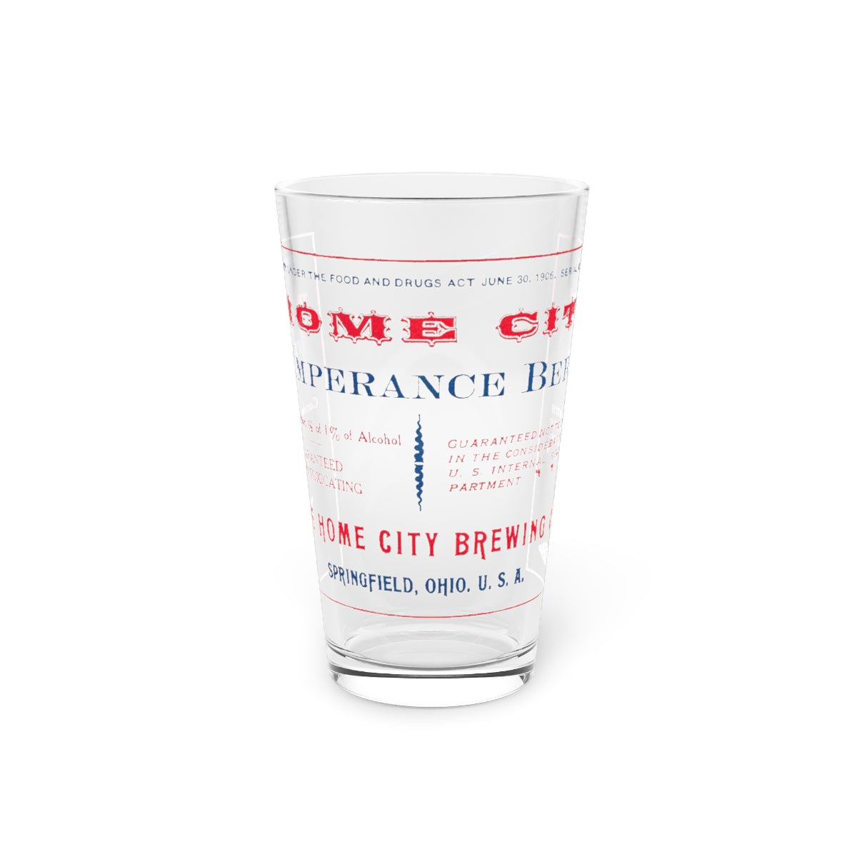 Temperance Beer Pint Glass, Home City Brewing Co., Springfield OH