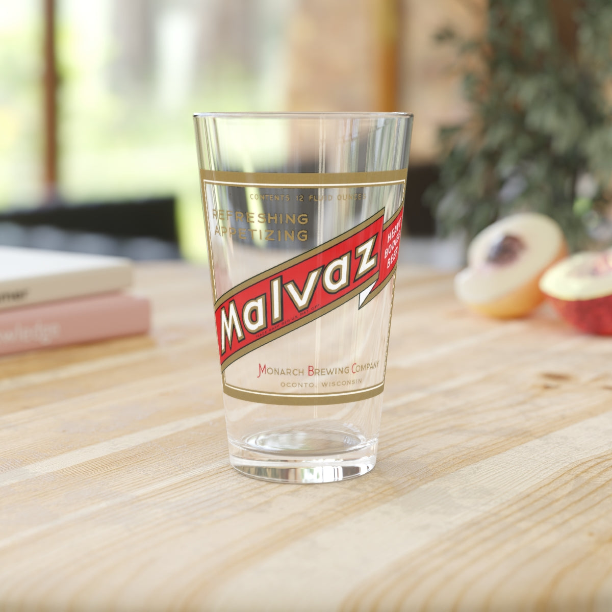 Malvaz Beer Pint Glass, Oconto WI, Monarch Brewing Vintage Label