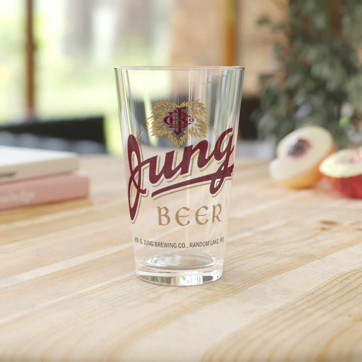 RANDOM LAKE WI Pint Glass ~ Jung Beer ~ Wm G Jung Brewing Co ~ Retro Beer Label